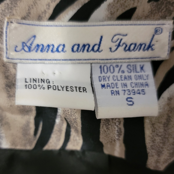 Vintage 100% Silk Anna & Frank Size Small Black Tan Zebra Animal Print Blazer - Picture 6 of 6